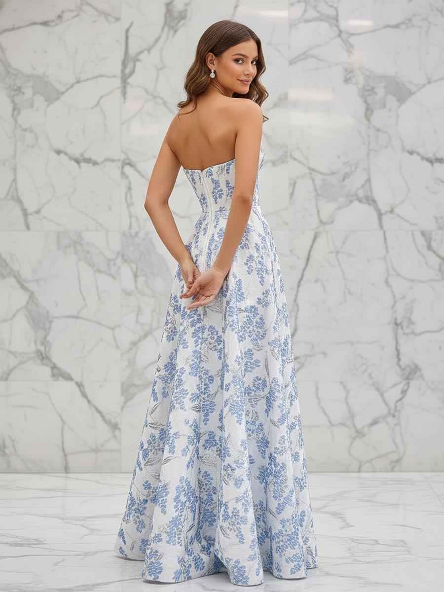 Blue Floral Strapless Corset Prom Dress with Slit