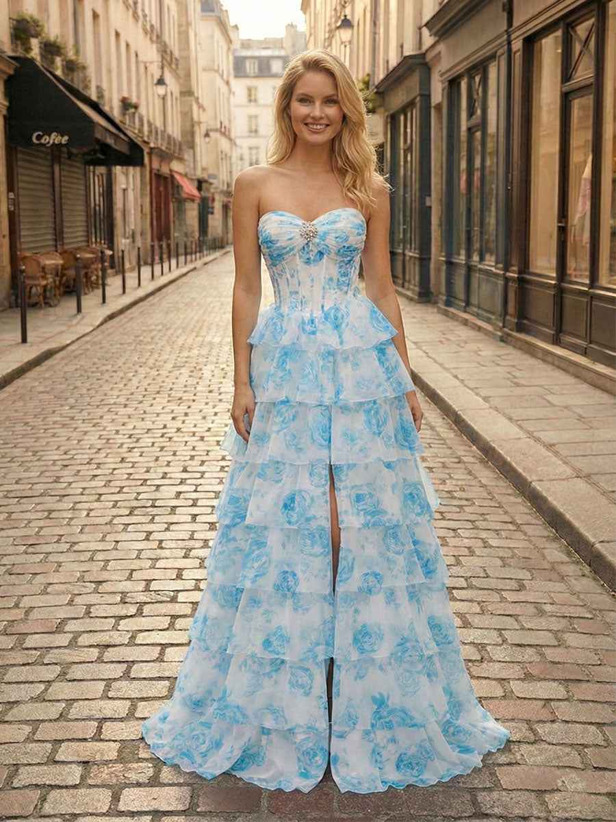 Blue Floral Strapless Tiered Ruffle Corset Long Prom Dress with Slit