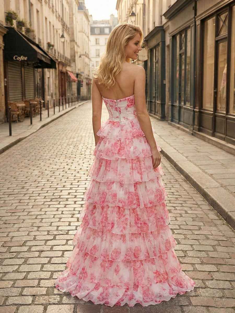 Blue Floral Strapless Tiered Ruffle Corset Long Prom Dress with Slit