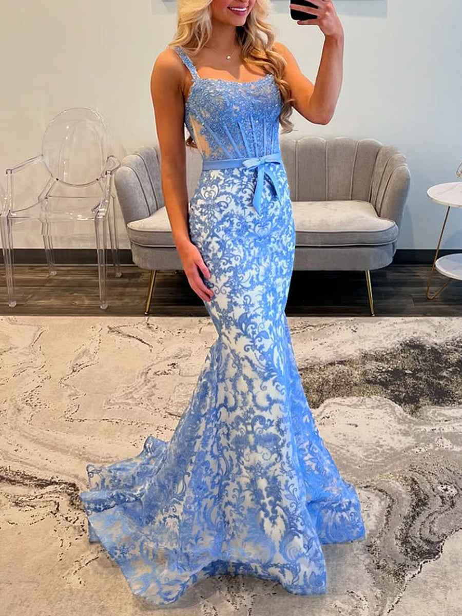 Blue Floral Sweetheart Spaghetti Straps Corset Prom Dress