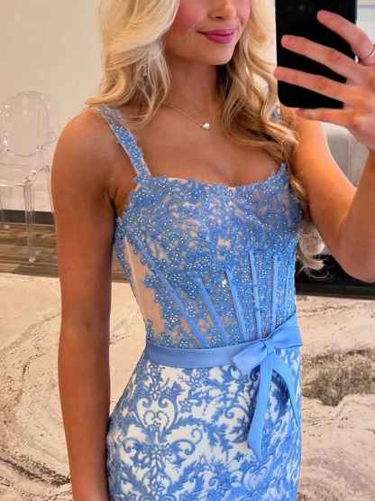 Blue Floral Sweetheart Spaghetti Straps Corset Prom Dress