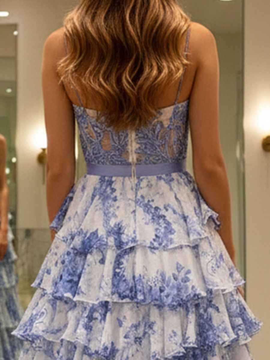 Blue Floral Spaghetti Straps Print Tiered A-Line Prom Dress
