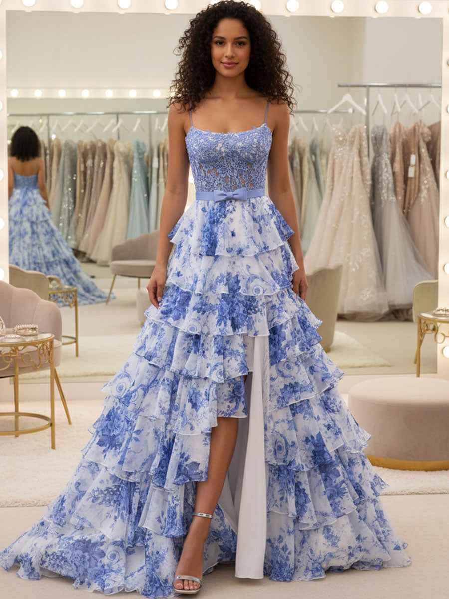 Blue Floral Tiered Ruffles High-Low Prom Dress with Beaded Bodice