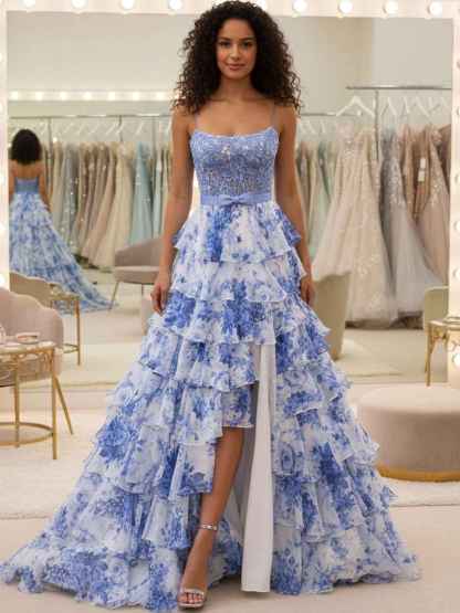 Blue Floral Tiered Ruffles High-Low Prom Dress with Beaded Bodice
