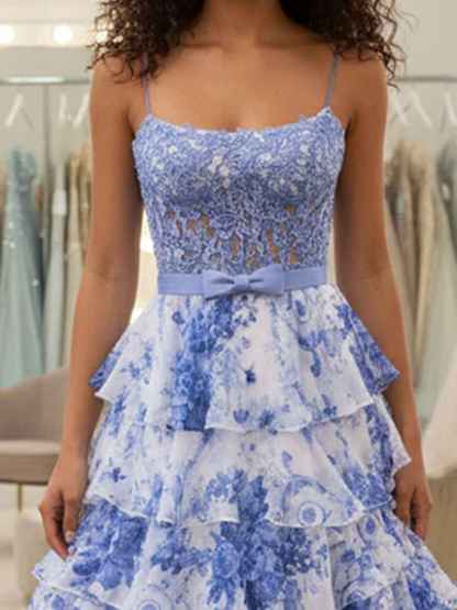 Blue Floral Tiered Ruffles High-Low Prom Dress with Beaded Bodice