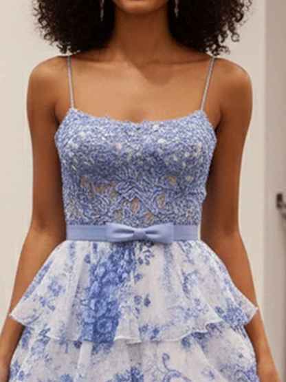 Blue Floral Tiered Ruffles High-Low Prom Dress with Beaded Bodice