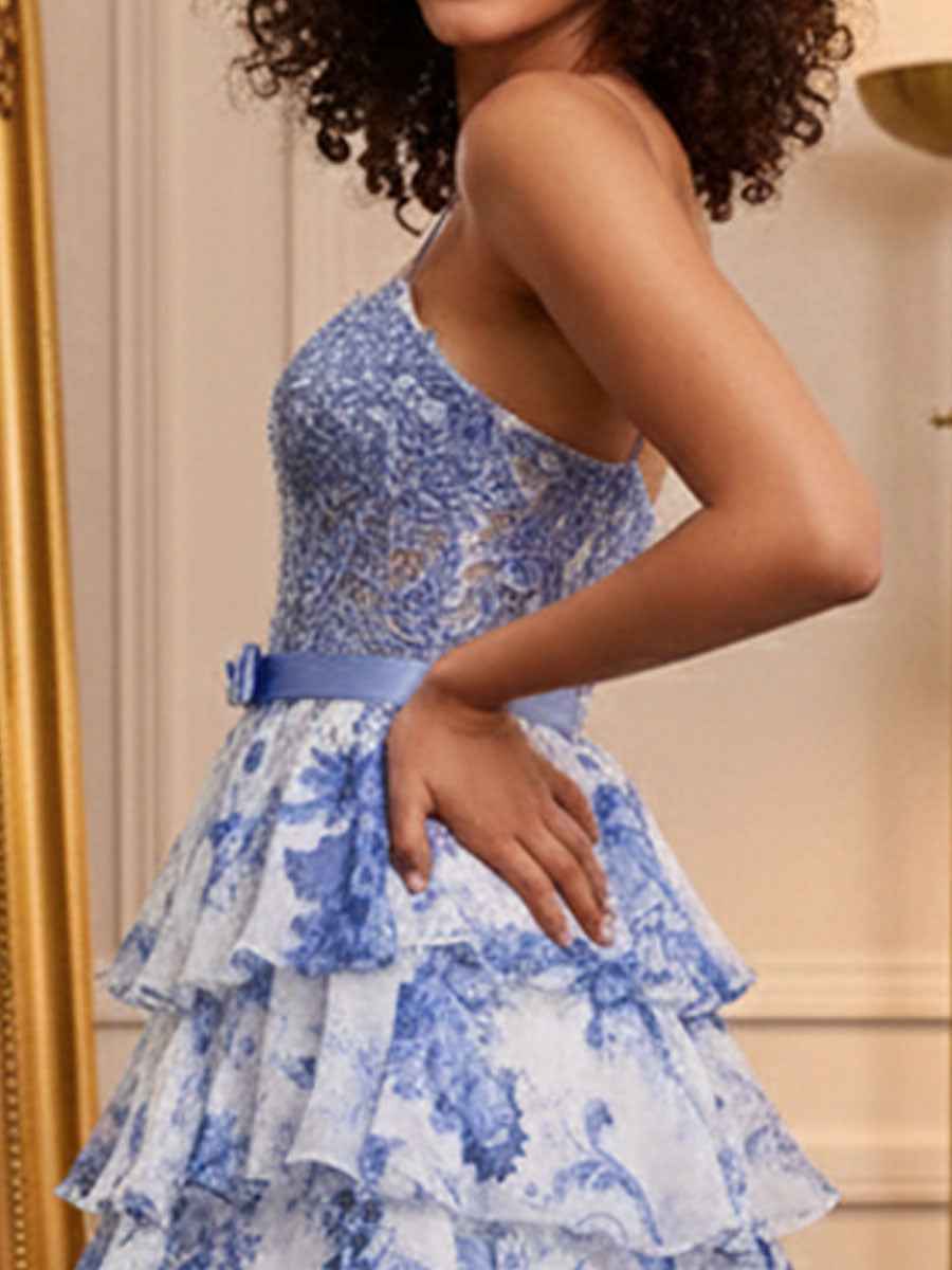 Blue Floral Tiered Ruffles High-Low Prom Dress with Beaded Bodice