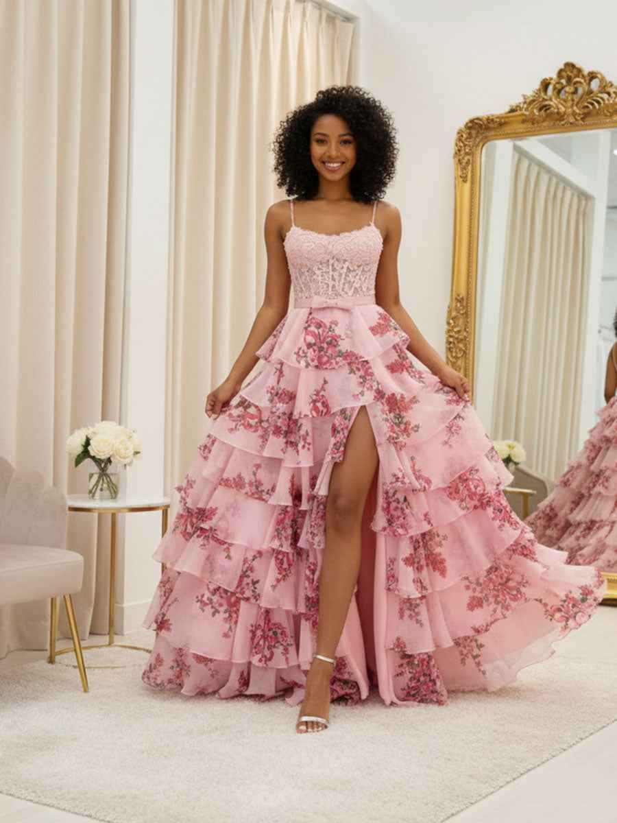 Blue Floral Tiered Ruffles High-Low Prom Dress with Beaded Bodice