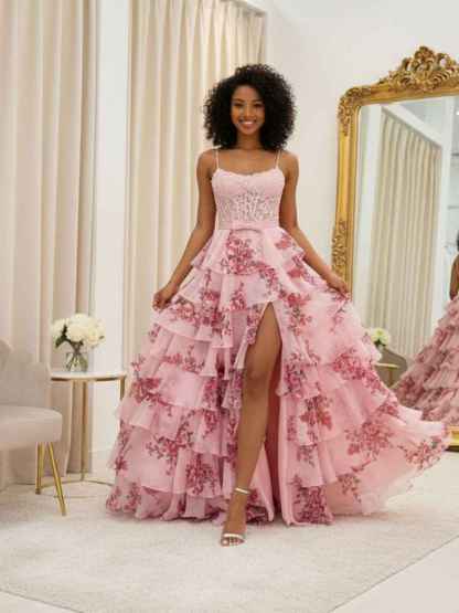 Blue Floral Tiered Ruffles High-Low Prom Dress with Beaded Bodice