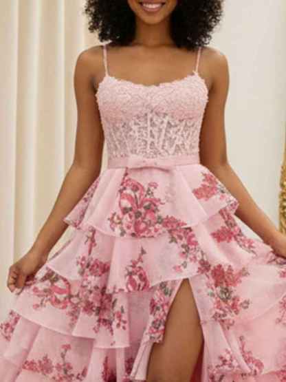 Blue Floral Tiered Ruffles High-Low Prom Dress with Beaded Bodice