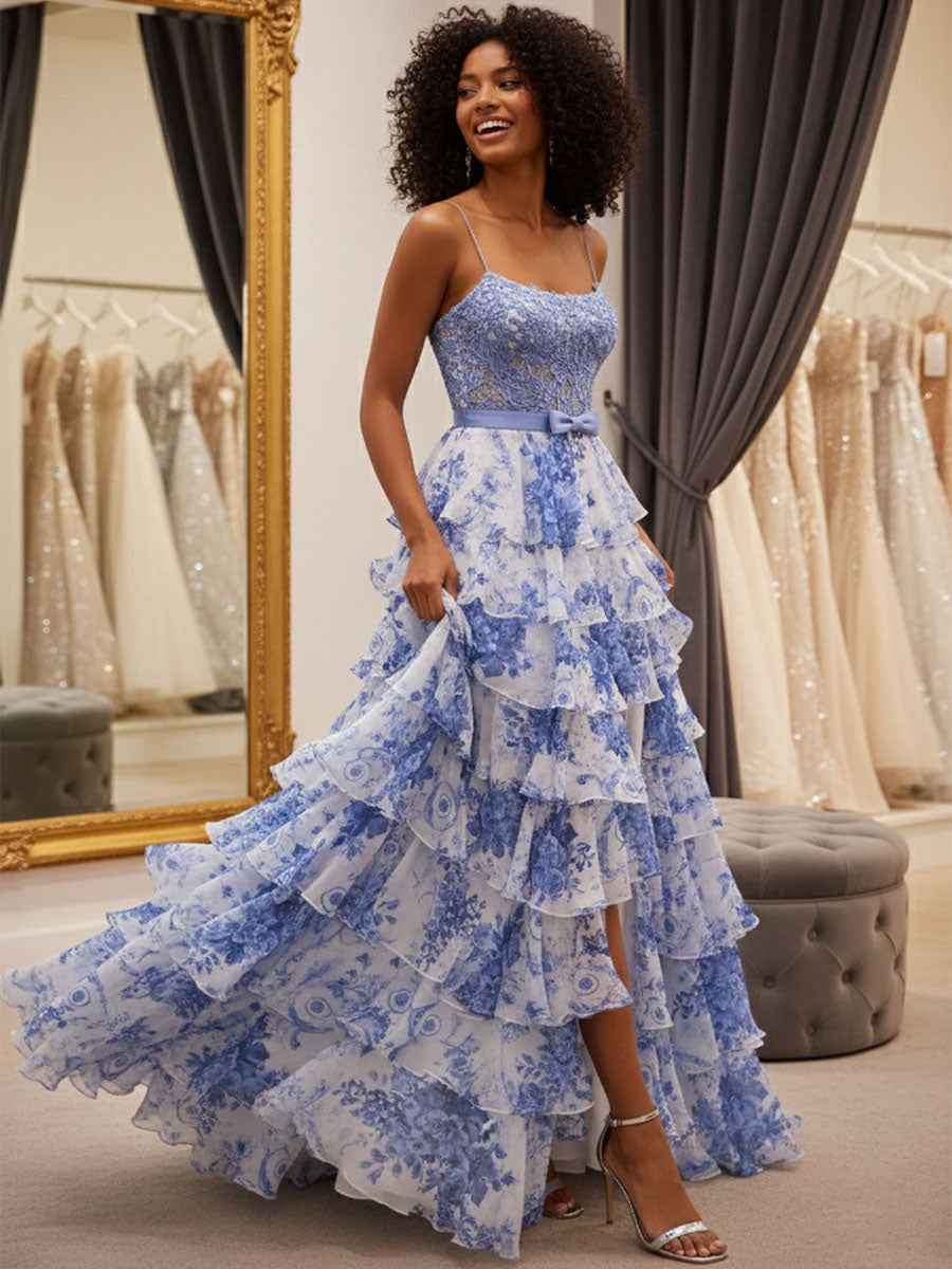 Blue Floral Tiered Ruffles High-Low Prom Dress with Beaded Bodice