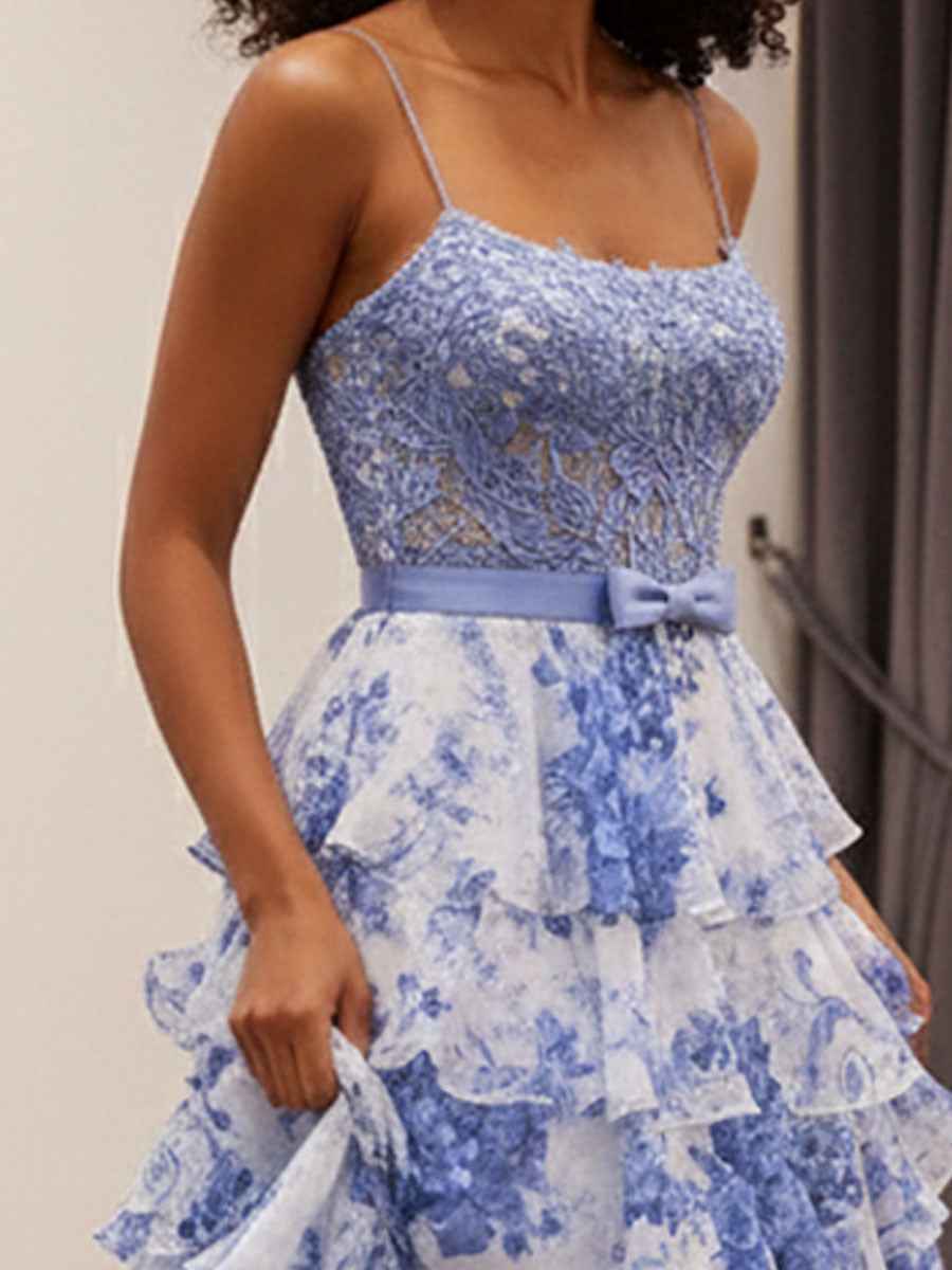Blue Floral Tiered Ruffles High-Low Prom Dress with Beaded Bodice
