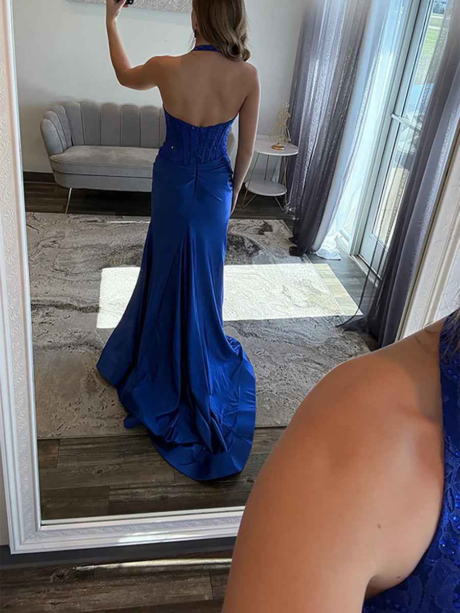 Blue Halter Neck High Slit Prom Dress with Lace Corset Bodice