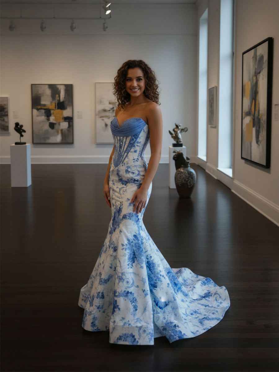 Blue Mermaid Strapless Sweetheart Floral Long Prom Dress