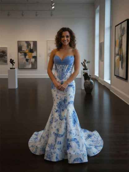 Blue Mermaid Strapless Sweetheart Floral Long Prom Dress