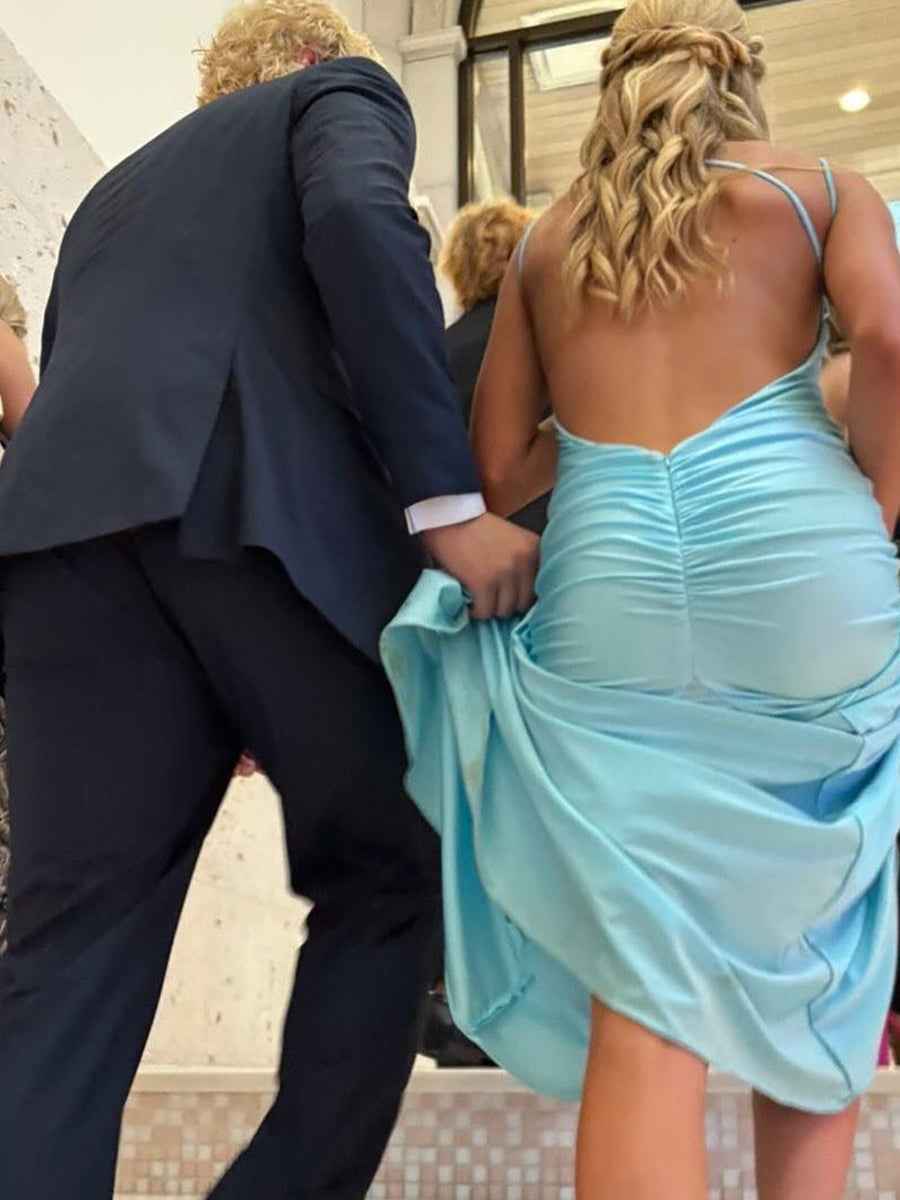 Blue Mermaid Straps Open Back Long Prom Dress