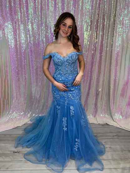 Blue Off-the-Shoulder Floral Lace Mermaid Long Prom Dress