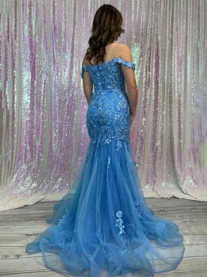 Blue Off-the-Shoulder Floral Lace Mermaid Long Prom Dress
