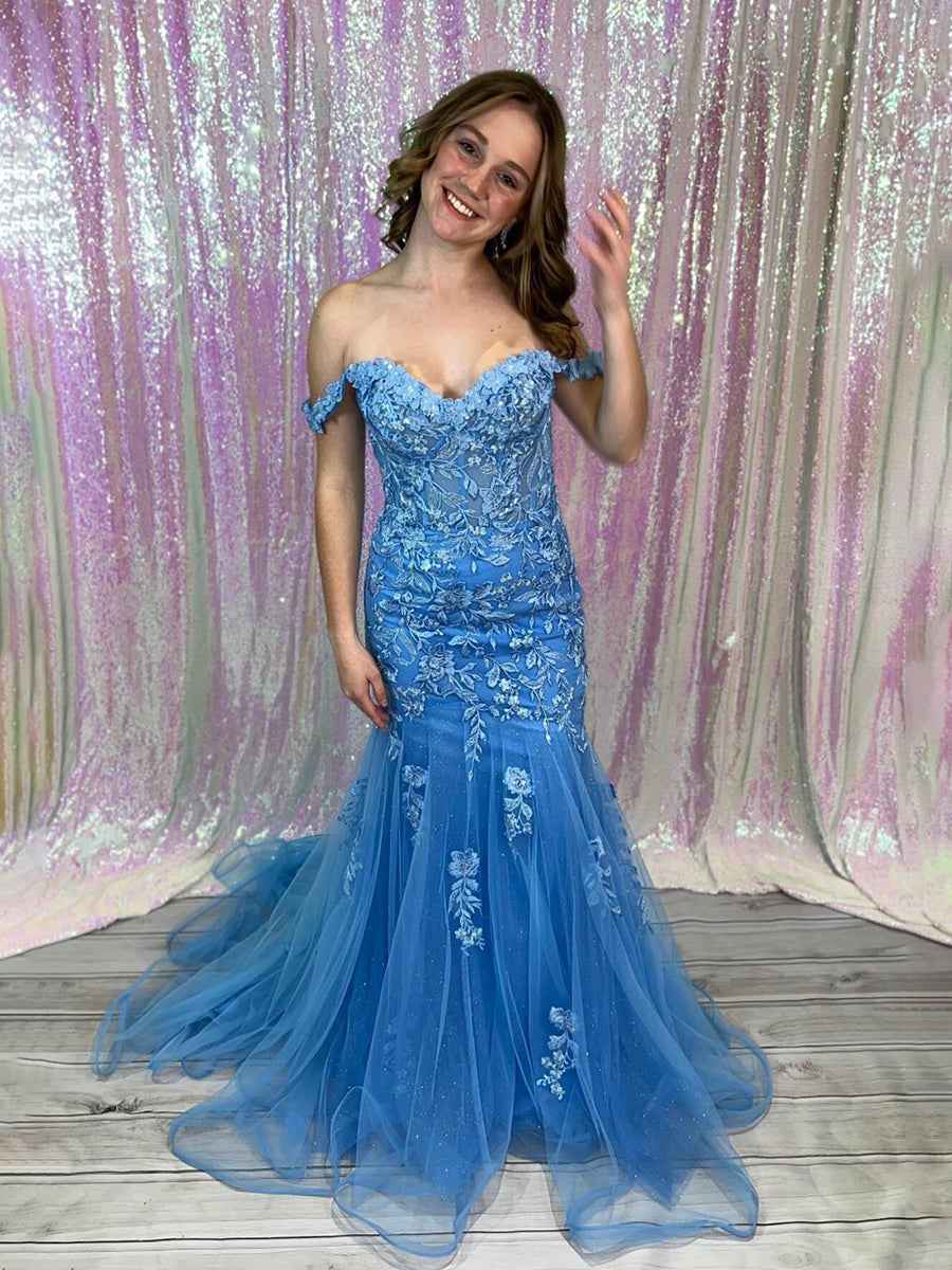 Blue Off-the-Shoulder Floral Lace Mermaid Long Prom Dress