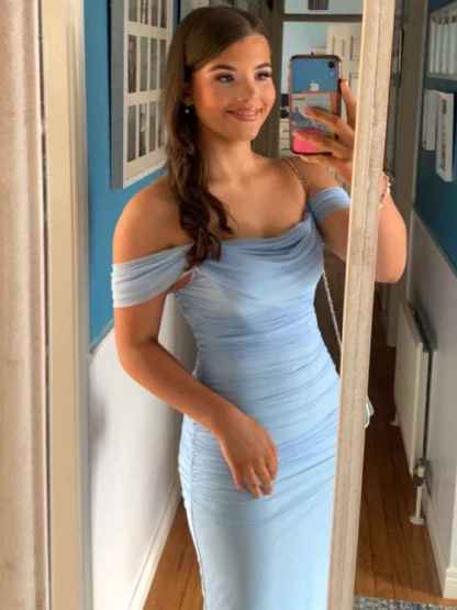 Blue Off The Shoulder Pleats Mermaid Long Formal Prom Dress