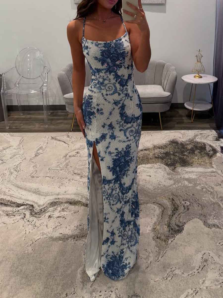 Blue Porcelain Print Spaghetti Straps Beaded Long Prom Dress with Slit