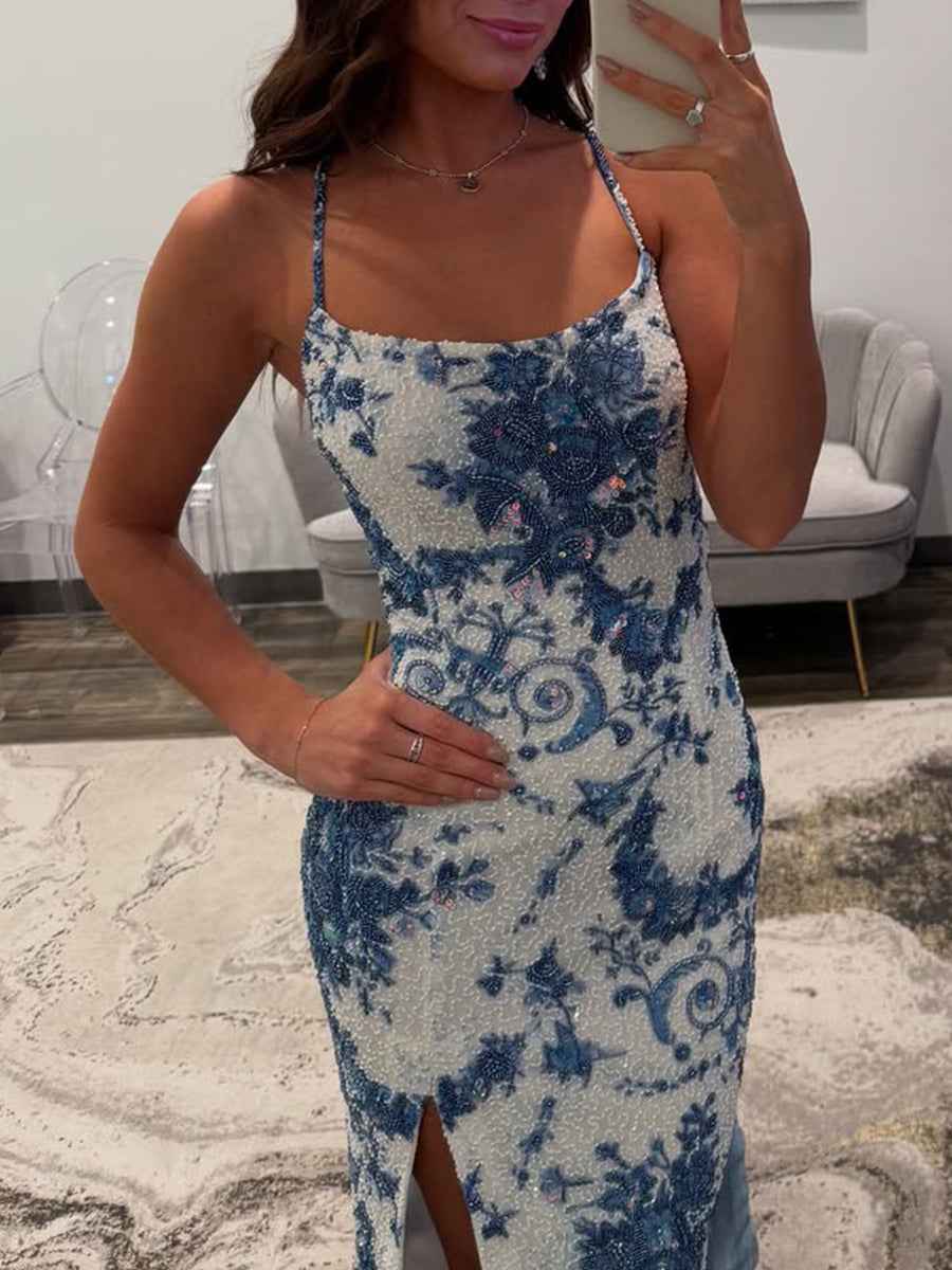 Blue Porcelain Print Spaghetti Straps Beaded Long Prom Dress with Slit