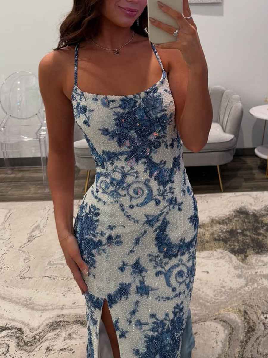 Blue Porcelain Print Spaghetti Straps Beaded Long Prom Dress with Slit