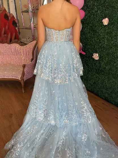 Blue Strapless Corset Bodice Sequin Prom Dress with Slit