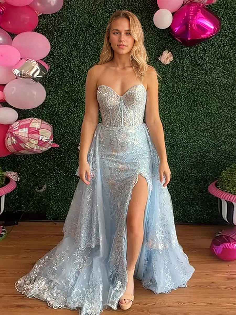 Blue Strapless Corset Bodice Sequin Prom Dress with Slit