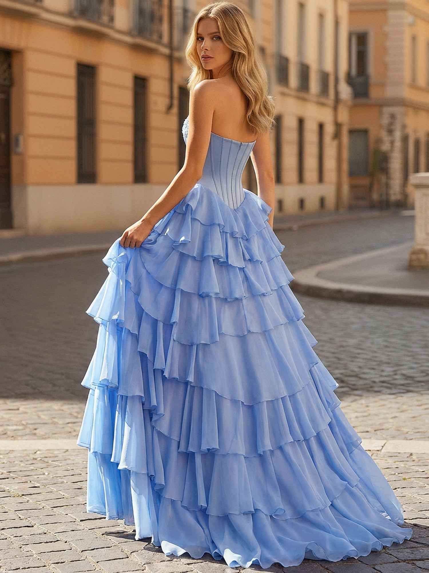 Blue Strapless Corset Tiered Ruffles Prom Dress with Slit