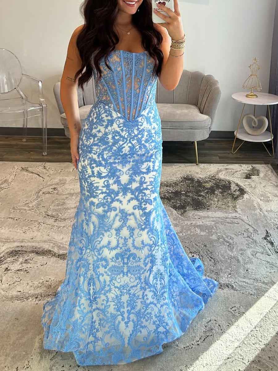 Blue Strapless Pearl Beaded Corset Ruched Long Prom Dress