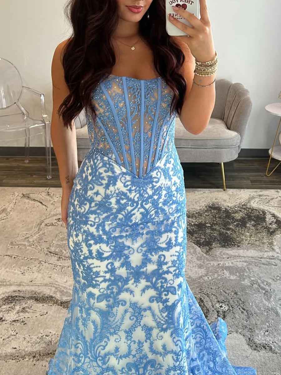 Blue Strapless Pearl Beaded Corset Ruched Long Prom Dress