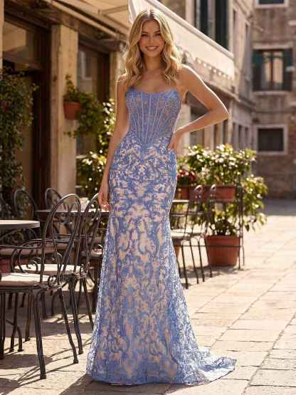 Blue Strapless Pearl Beaded Ruched Corset Long Prom Dress