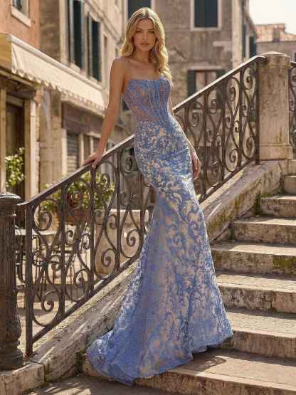 Blue Strapless Pearl Beaded Ruched Corset Long Prom Dress