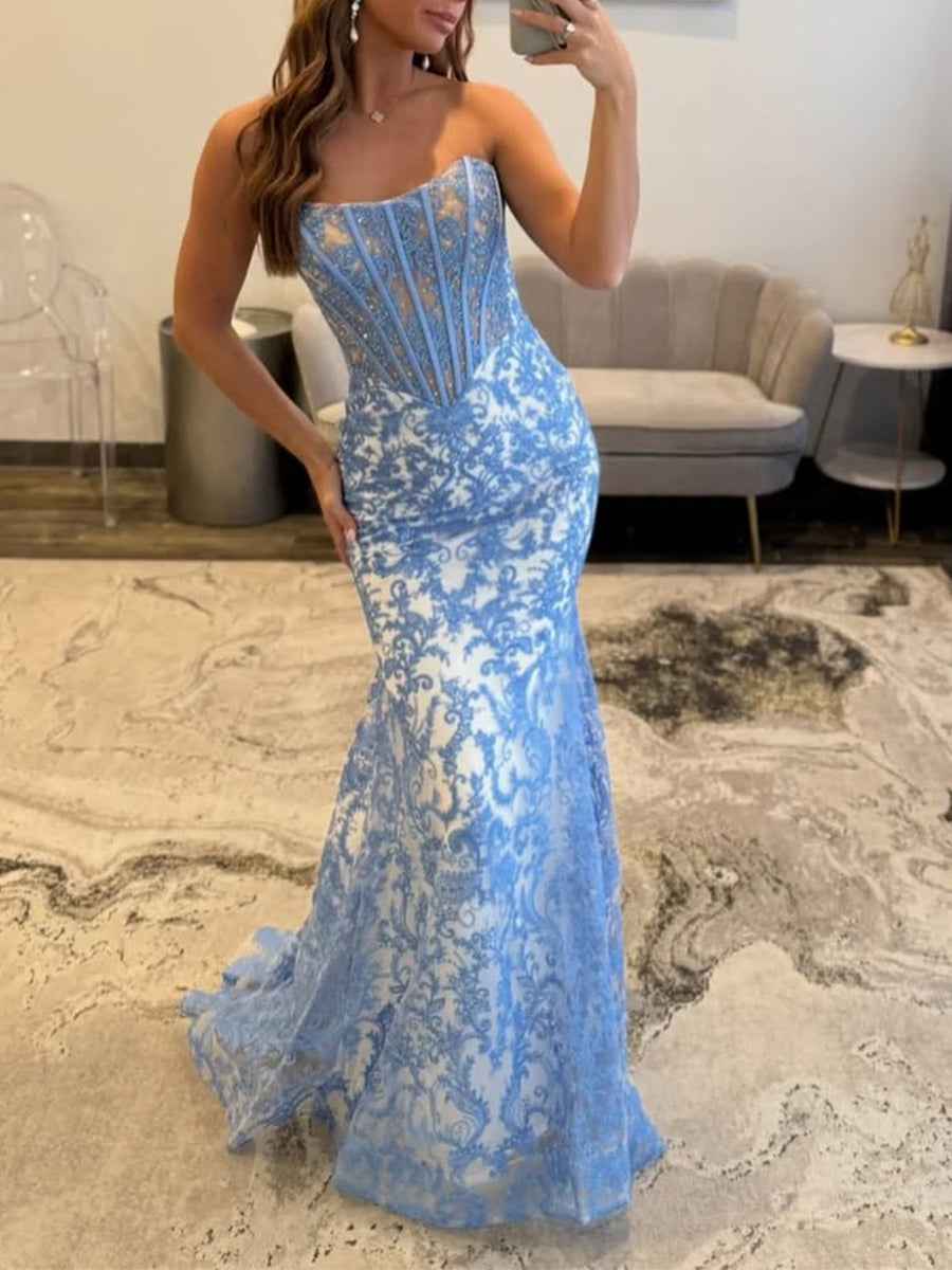 Blue Strapless Pearl Beaded Ruched Long Corset Prom Dress