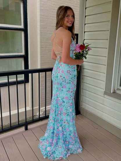 Blue Straps Floral Embroidery Mermaid Long Prom Dress