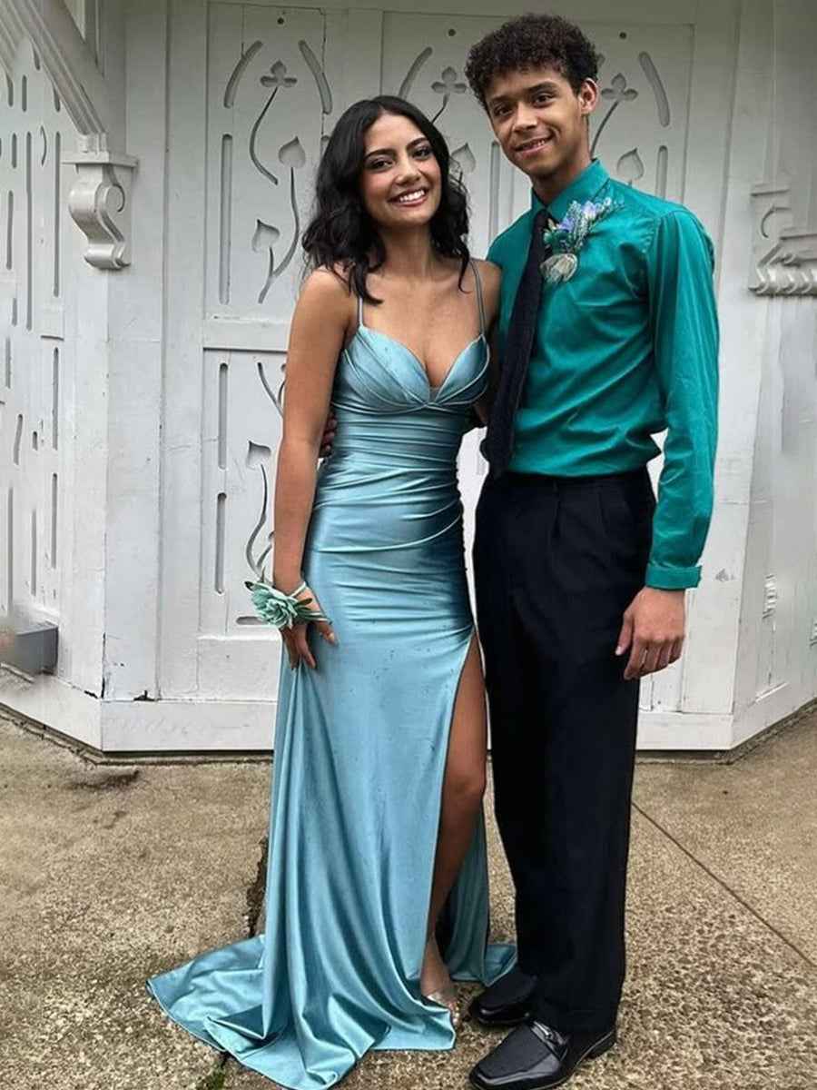 Blue Straps Ruched Mermaid Long Porm Dress with Slit