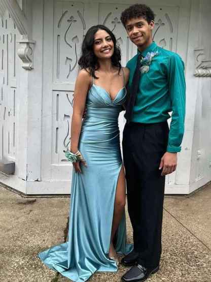 Blue Straps Ruched Mermaid Long Porm Dress with Slit