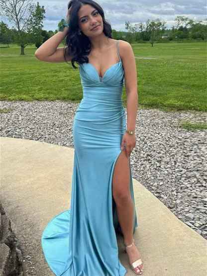 Blue Straps Ruched Mermaid Long Porm Dress with Slit