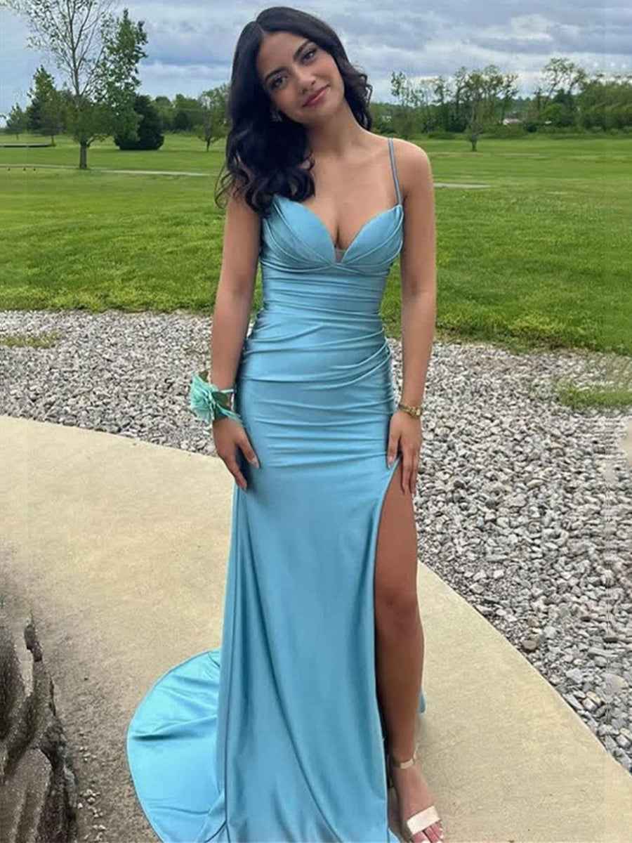 Blue Straps Ruched Mermaid Long Porm Dress with Slit