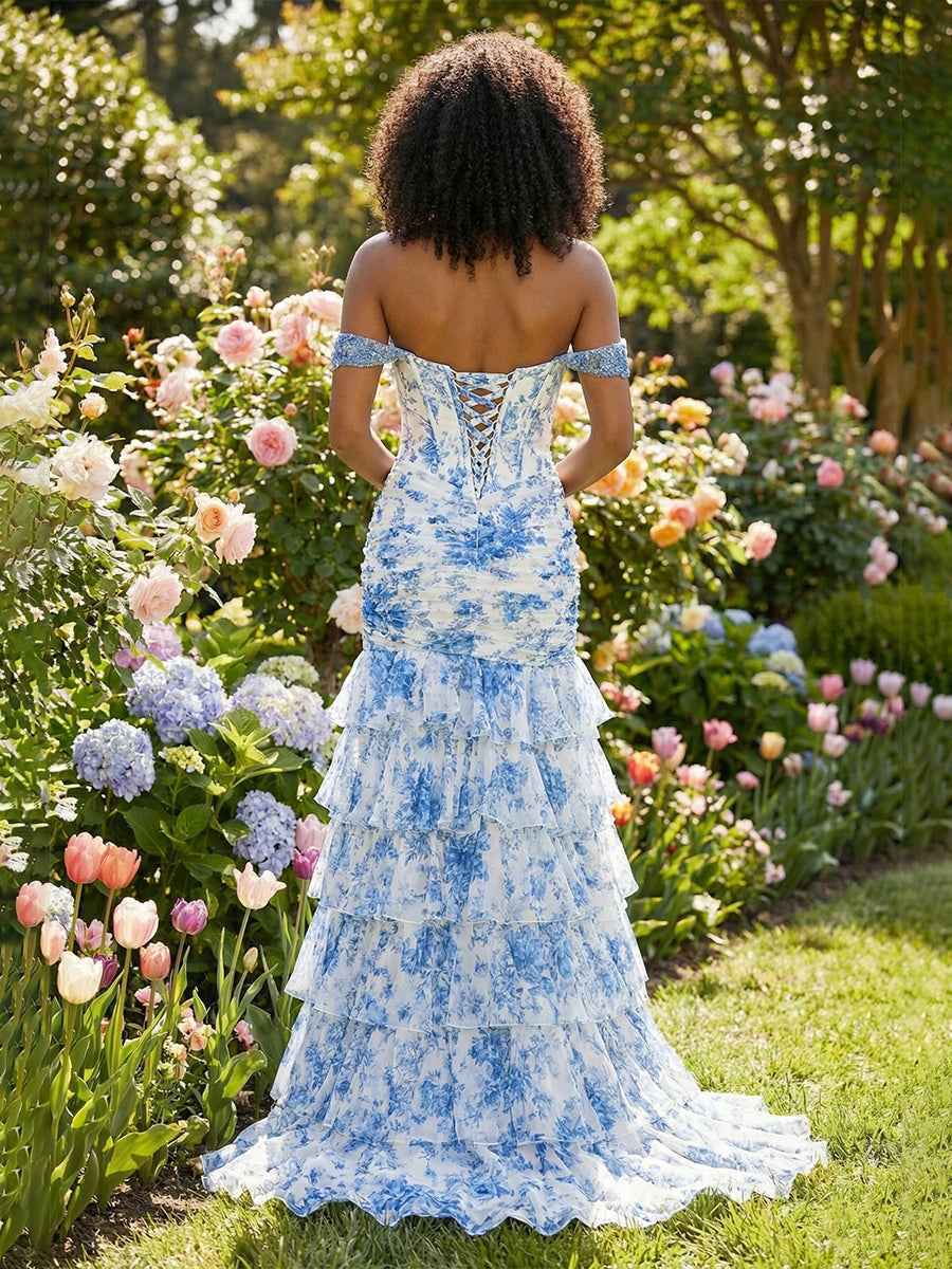 Blue Toile Enchanted Floral Lace-Up Back Prom Dress with Tiered Ruffles