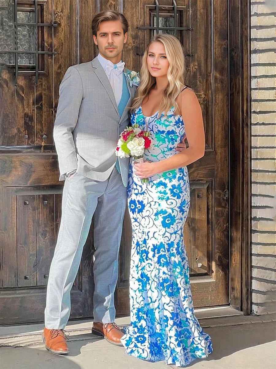 Blue V Neck Sequin Lace Mermaid Long Prom Dress