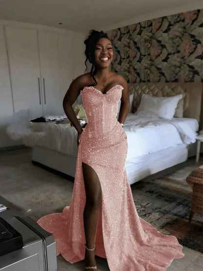 Glitter Strapless Mermaid Sequined Long Prom Dress with Slit