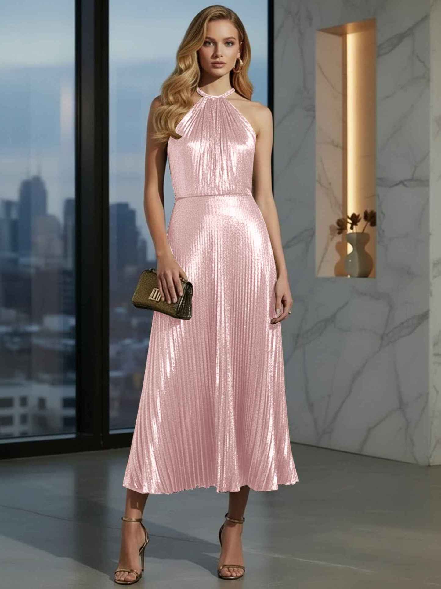 Luxurious Champagne-Gold Pleated Halter Midi Prom Dress