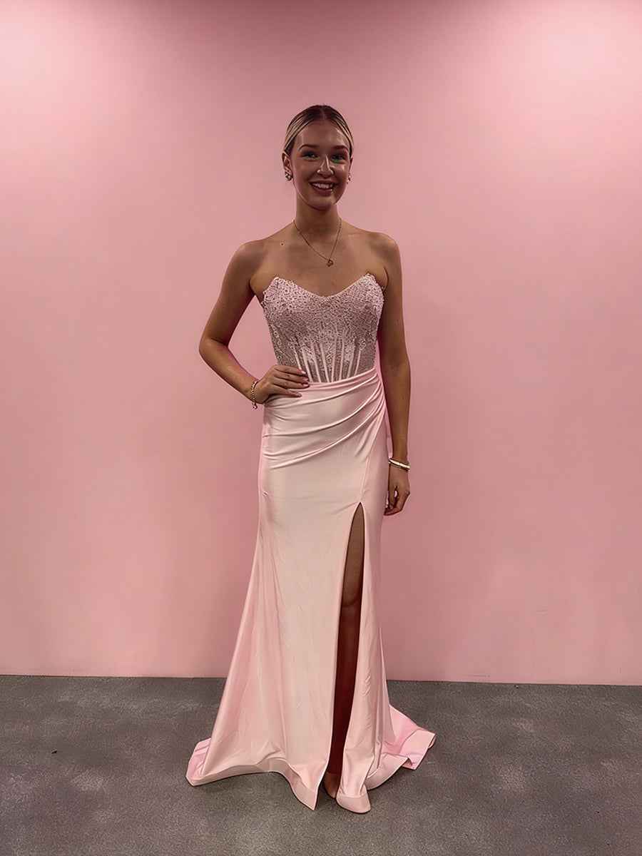 Blush Pink Strapless Corset Prom Dress with Thigh-High Slit