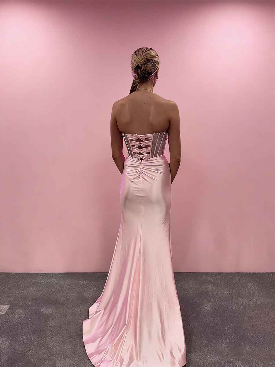 Blush Pink Strapless Corset Prom Dress with Thigh-High Slit