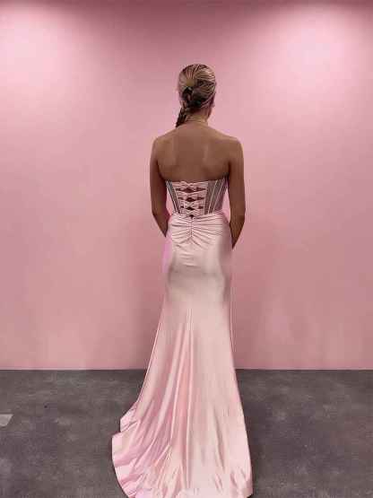 Blush Pink Strapless Corset Prom Dress with Thigh-High Slit