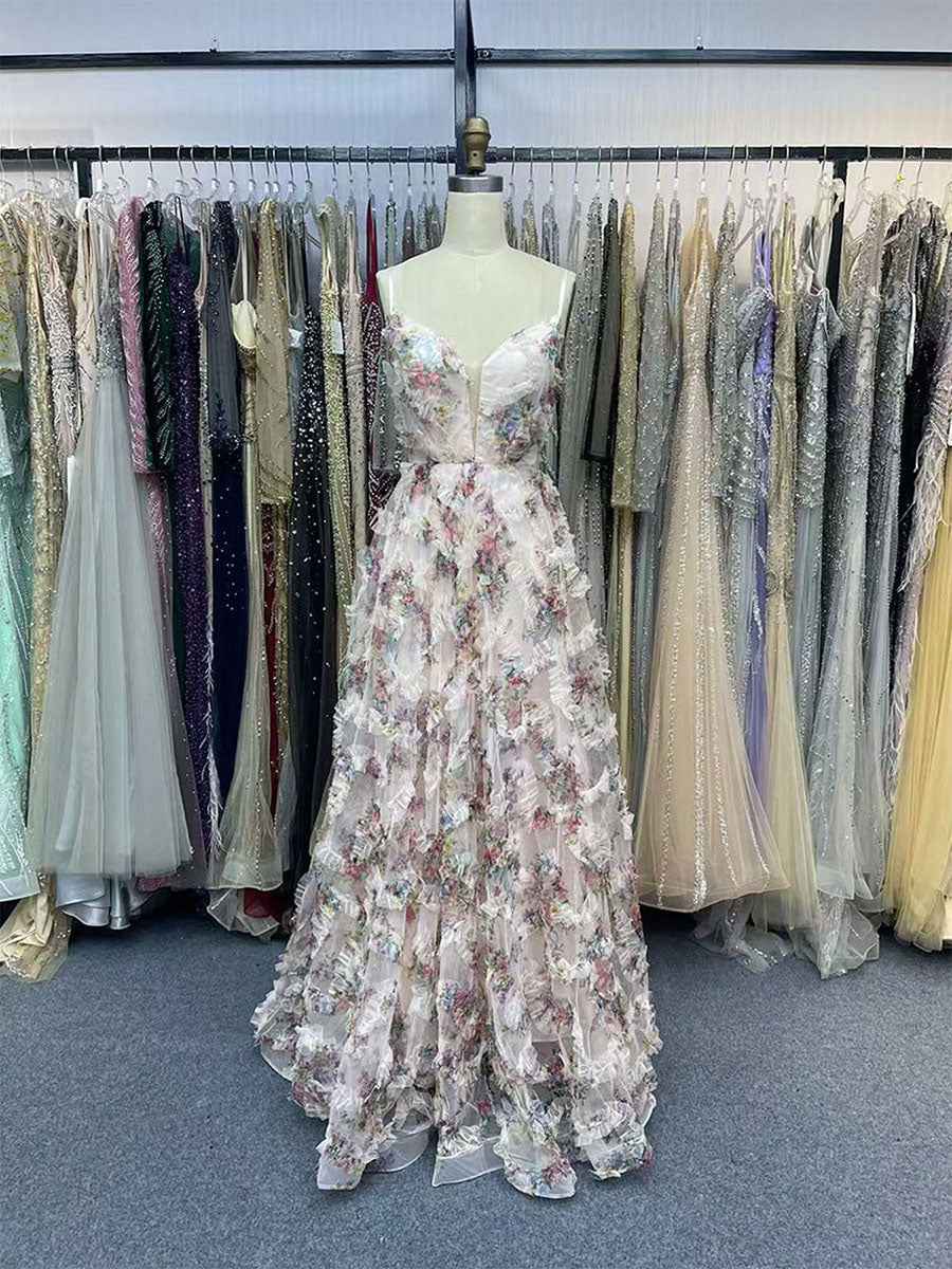 Blush Floral A-Line Spaghetti Straps Prom Dress with Vertical Ruffles