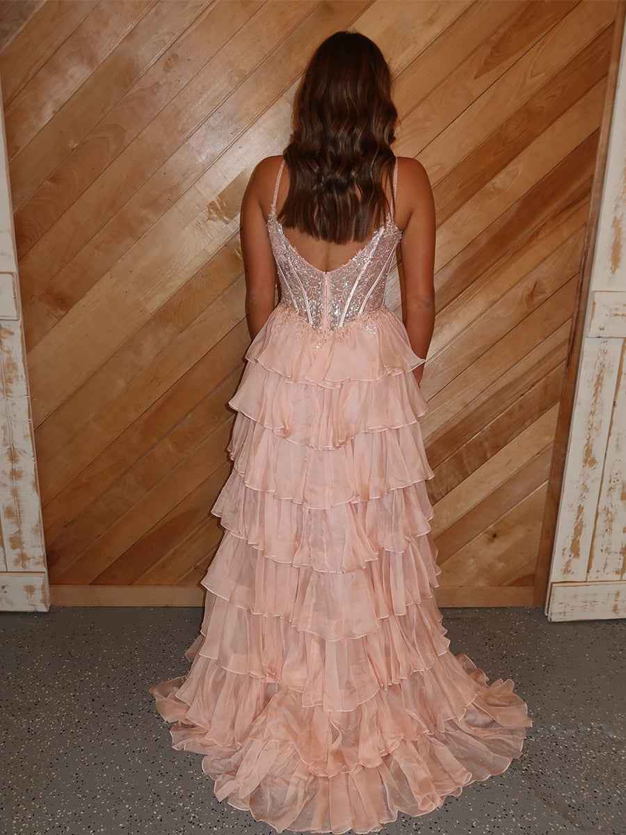 Blush Pink A Line Beaded Corset Tiered Ruffle Prom Dress