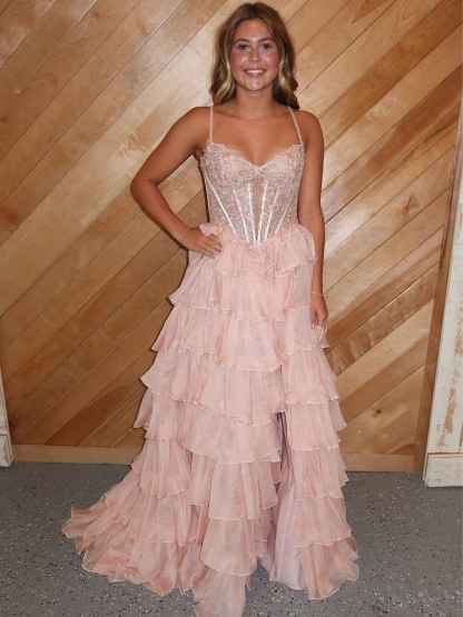 Blush Pink A Line Beaded Corset Tiered Ruffle Prom Dress